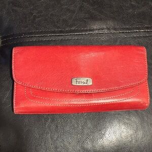 Fossil Red Trifold Leather Wallet
